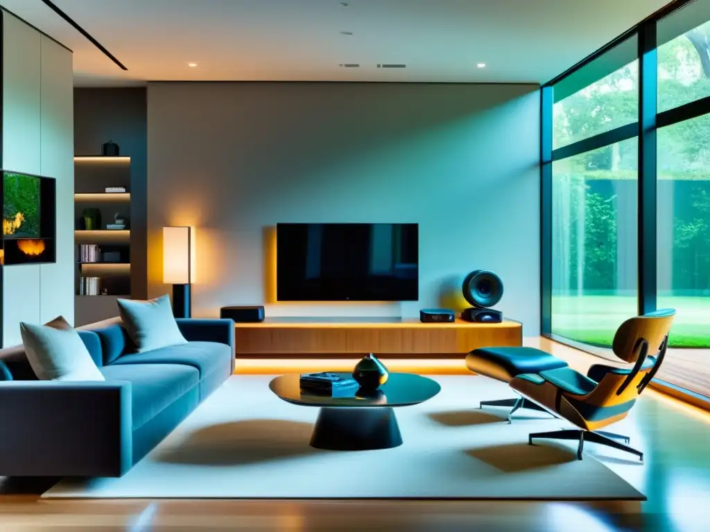 Sala de estar futurista con tecnología integrada y luces ambientales Salón moderno con sistemas de entretenimiento domótico hogar, control por voz, iluminación ambiental y pantalla de alta definición integrada