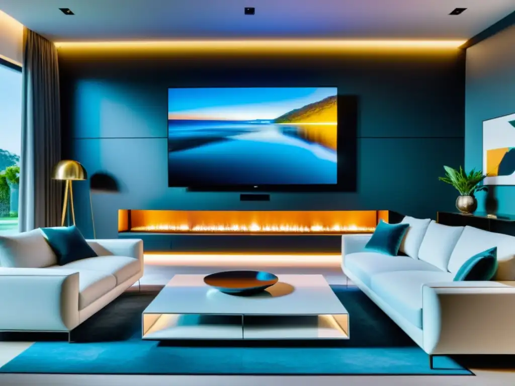 Salón moderno con TV 8K y entretenimiento futurista Salón moderno con sistemas multimedia entretenimiento hogar, TV 8K y ambiente acogedor futurista