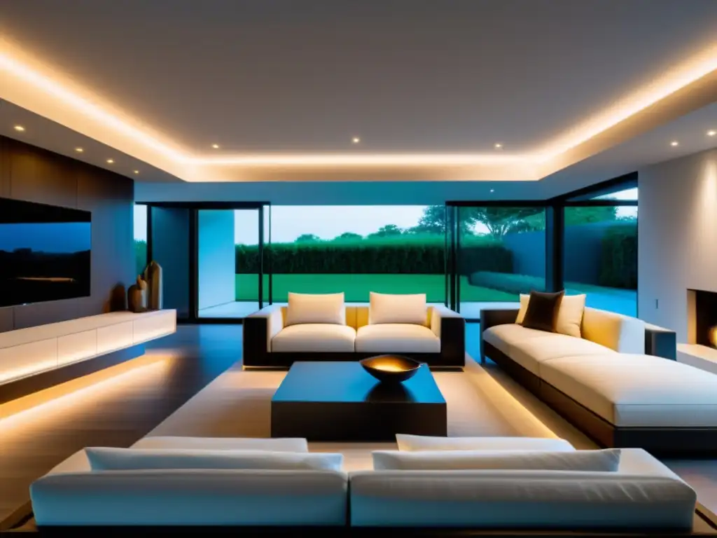 Sala de estar moderna con iluminación LED empotrada Un salón moderno con iluminación LED en el techo, resaltando la estética contemporánea