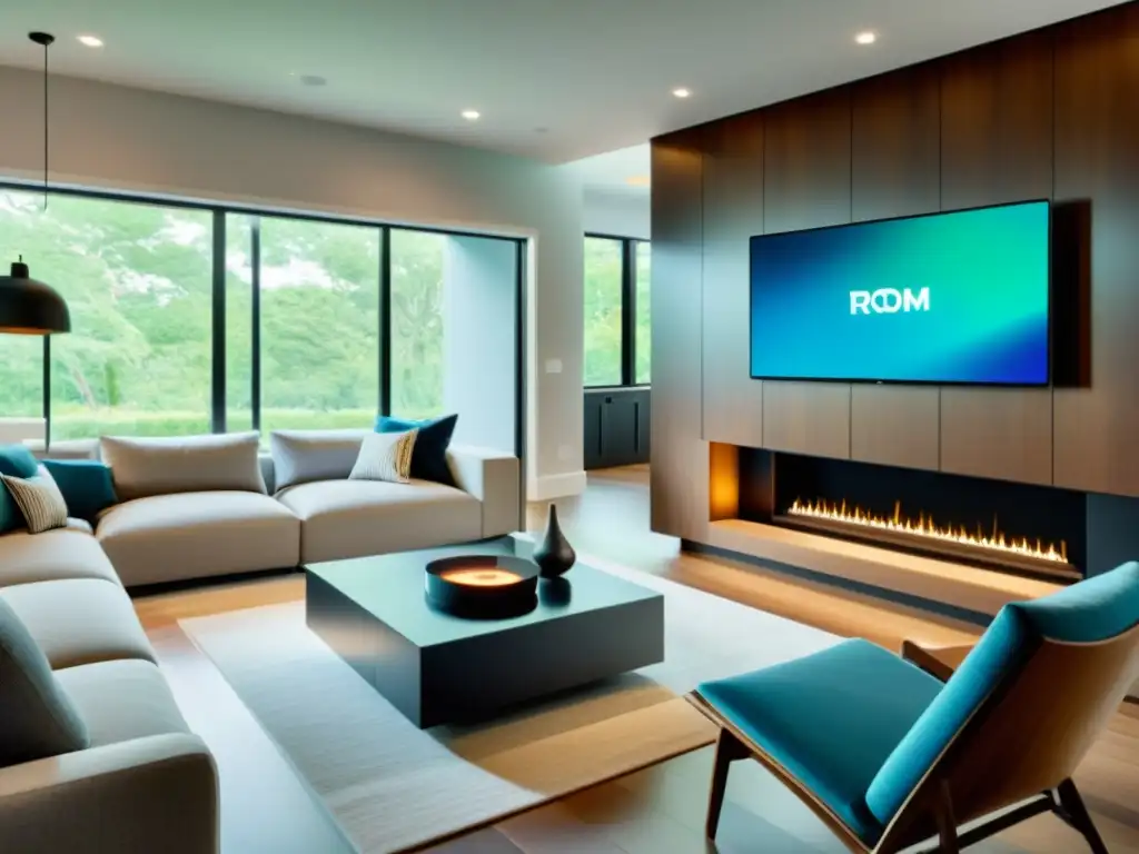 Sala de estar accesible con dispositivos inteligentes integrados Salón moderno con tecnología hogar accesible para discapacidad, integrada al ambiente con luz natural