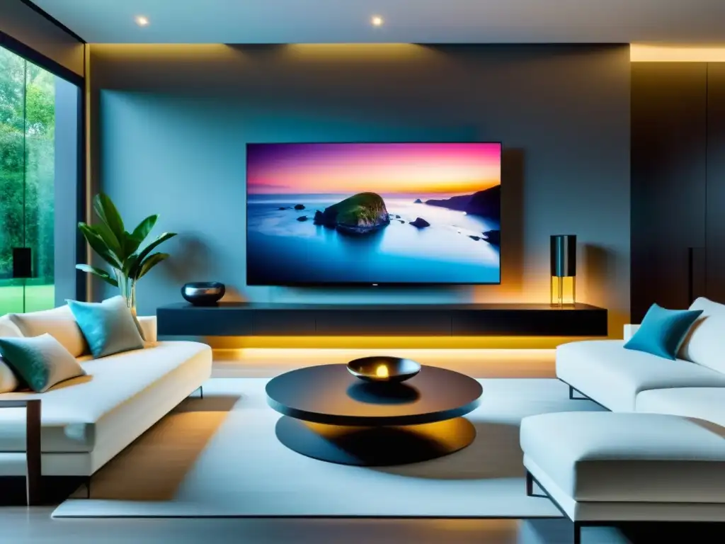 Sala de estar moderna con tecnología inteligente y entretenimiento familiar Un salón moderno con tecnología inteligente y una gran televisión de alta definición, que tiene un impacto en el entretenimiento familiar