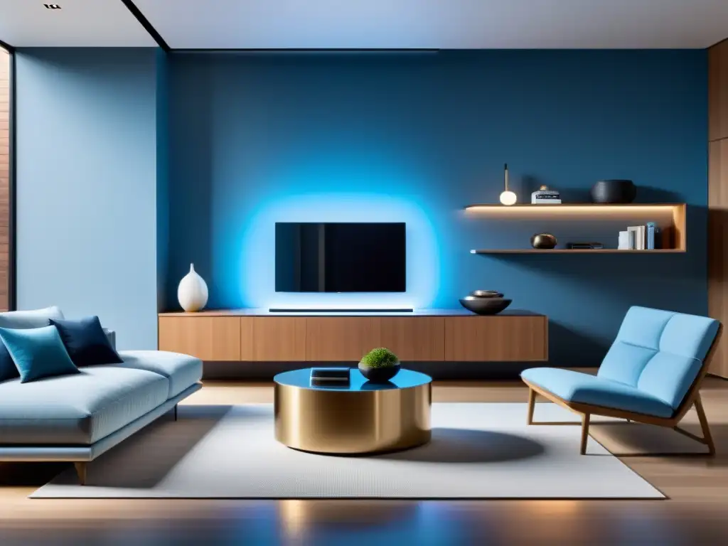 Salón moderno con aire acondicionado integrado para un ambiente confortable Salón moderno con unidad de aire acondicionado integrada, emitiendo suave luz azul