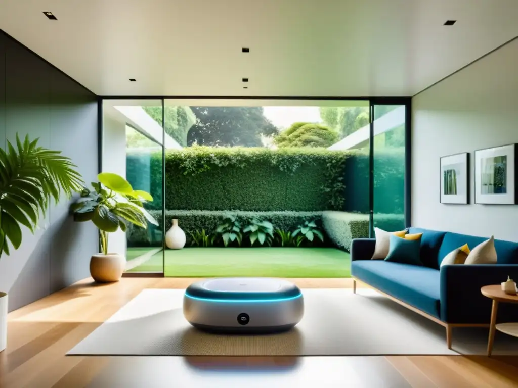 Salón moderno con ventana panorámica y purificador de aire Un salón moderno con ventana panorámica y un purificador de aire, creando una atmósfera serena y limpia