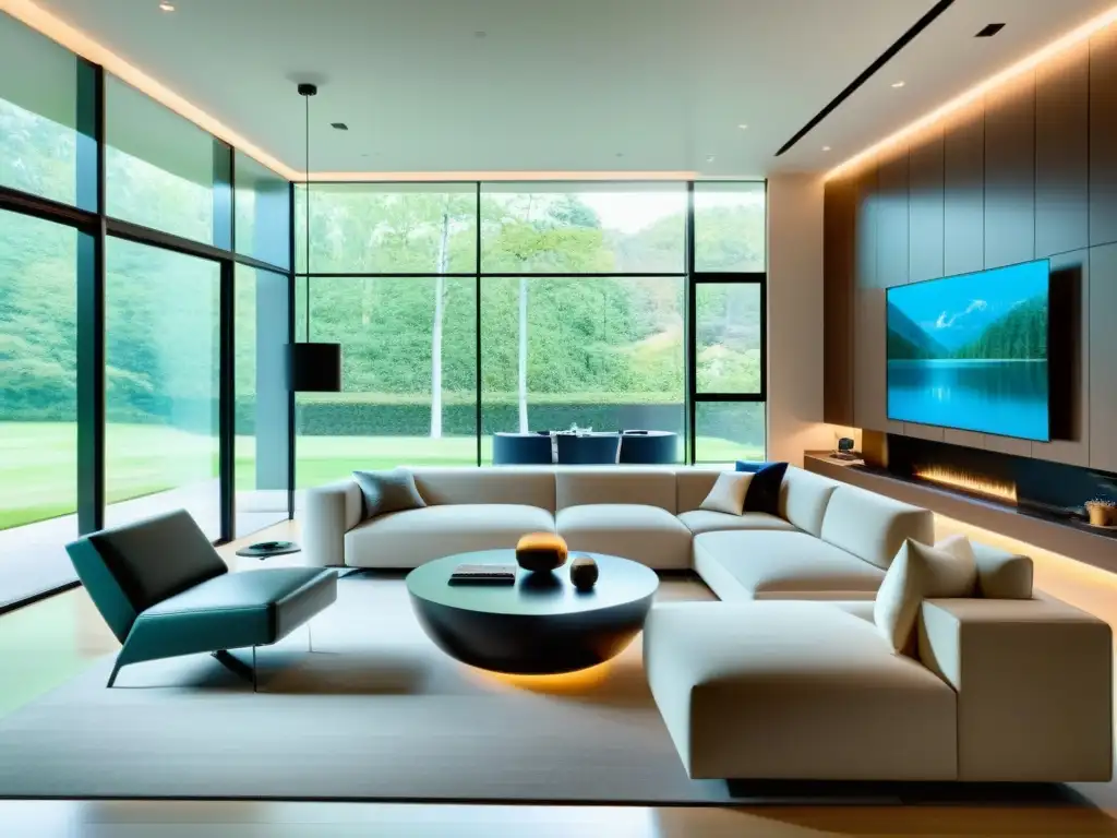 Salón ultramoderno con mobiliario minimalista y dispositivos inteligentes integrados