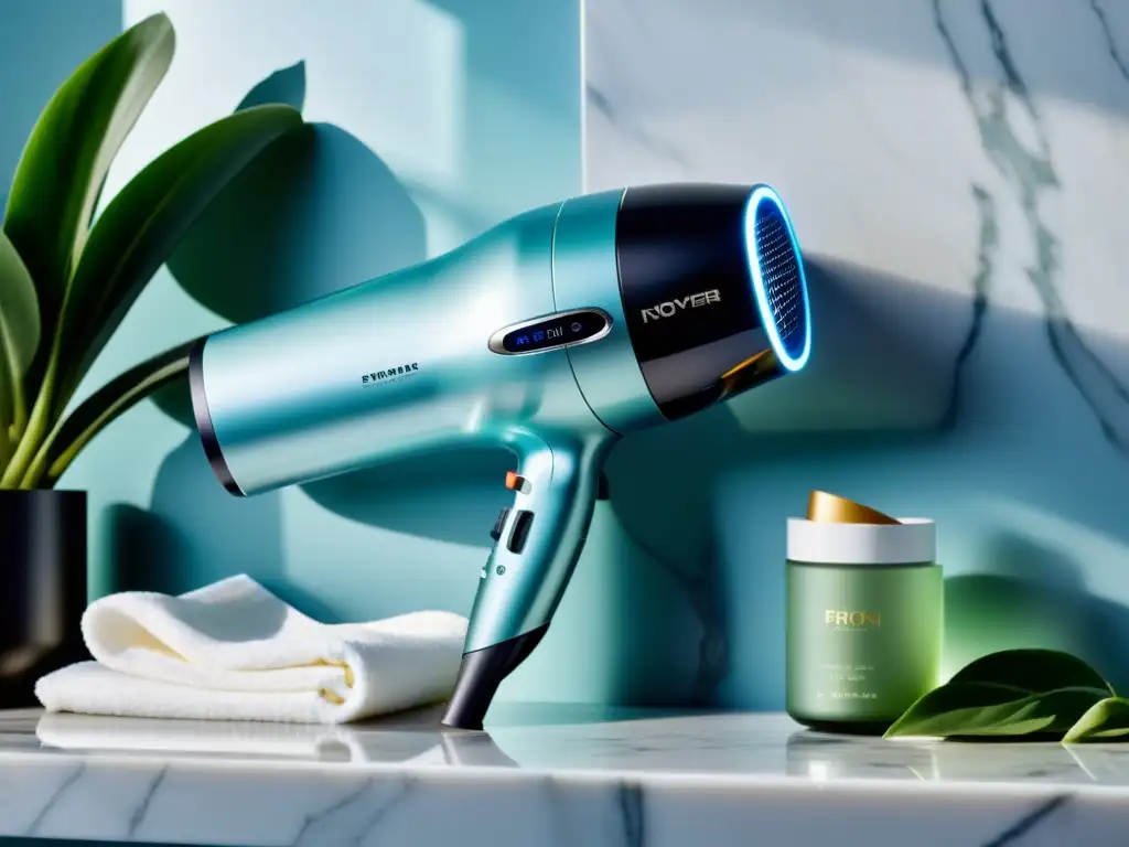 Secador de pelo moderno en mármol con elegancia profesional Secador de pelo con tecnología iónica en elegante ambiente de baño de lujo