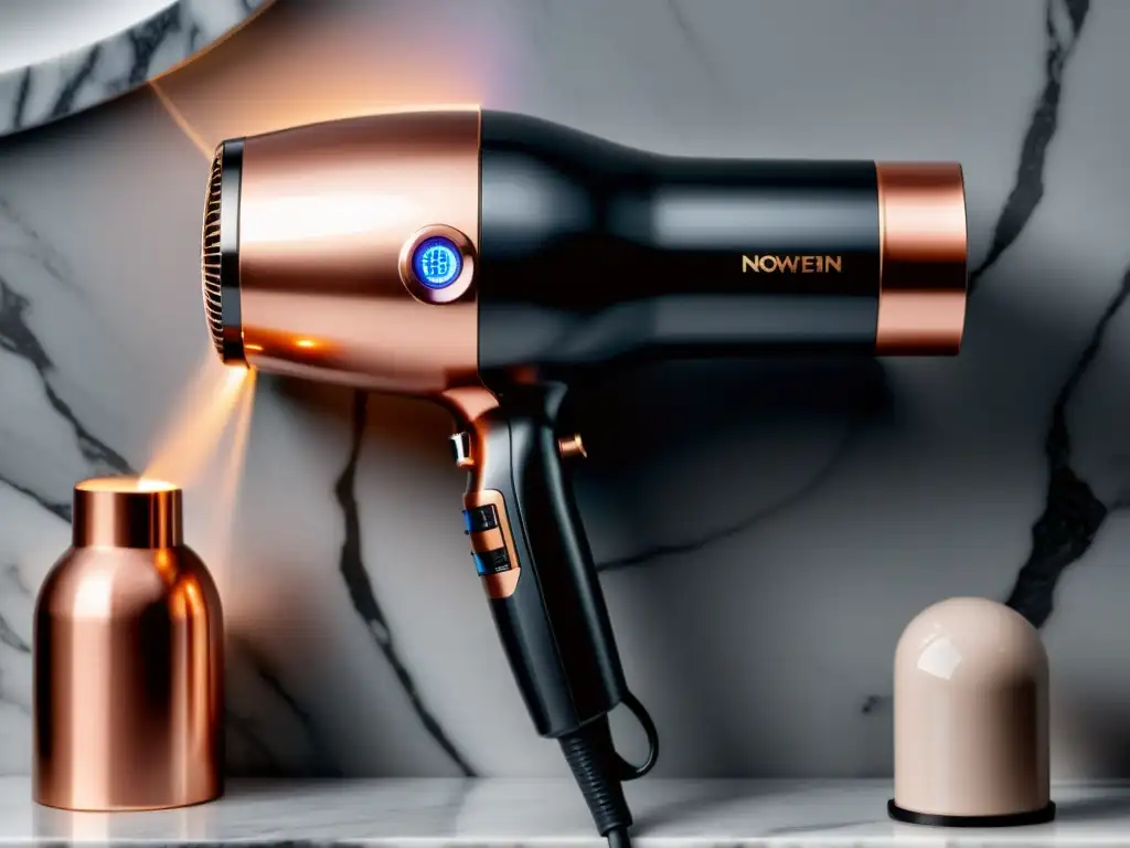 Secador de pelo elegante en mármol Un secador de pelo con tecnología iónica en un entorno spa minimalista y elegante, iluminado suavemente