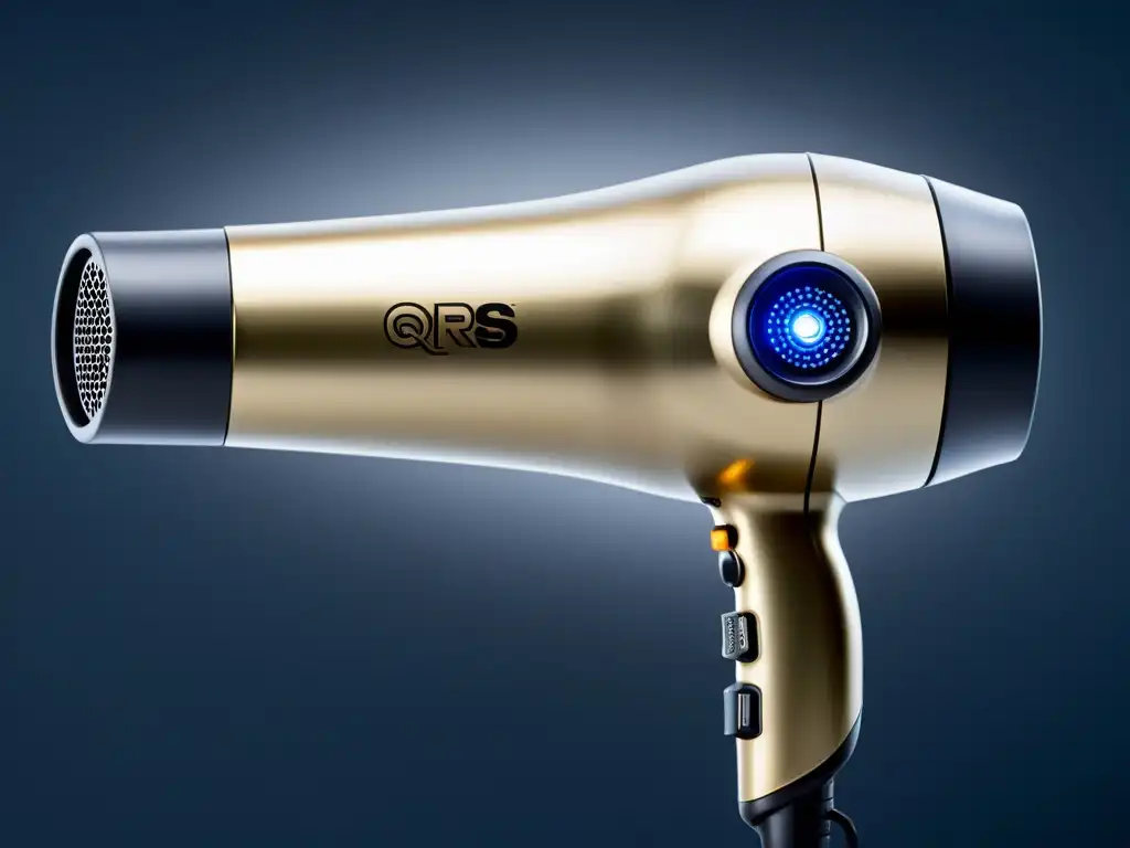 Secador de pelo QRS con tecnología iónica: detalle ultra realista Un secador de pelo con tecnología iónica, mostrando su diseño moderno y detalles intrincados, con iluminación suave y fondo minimalista