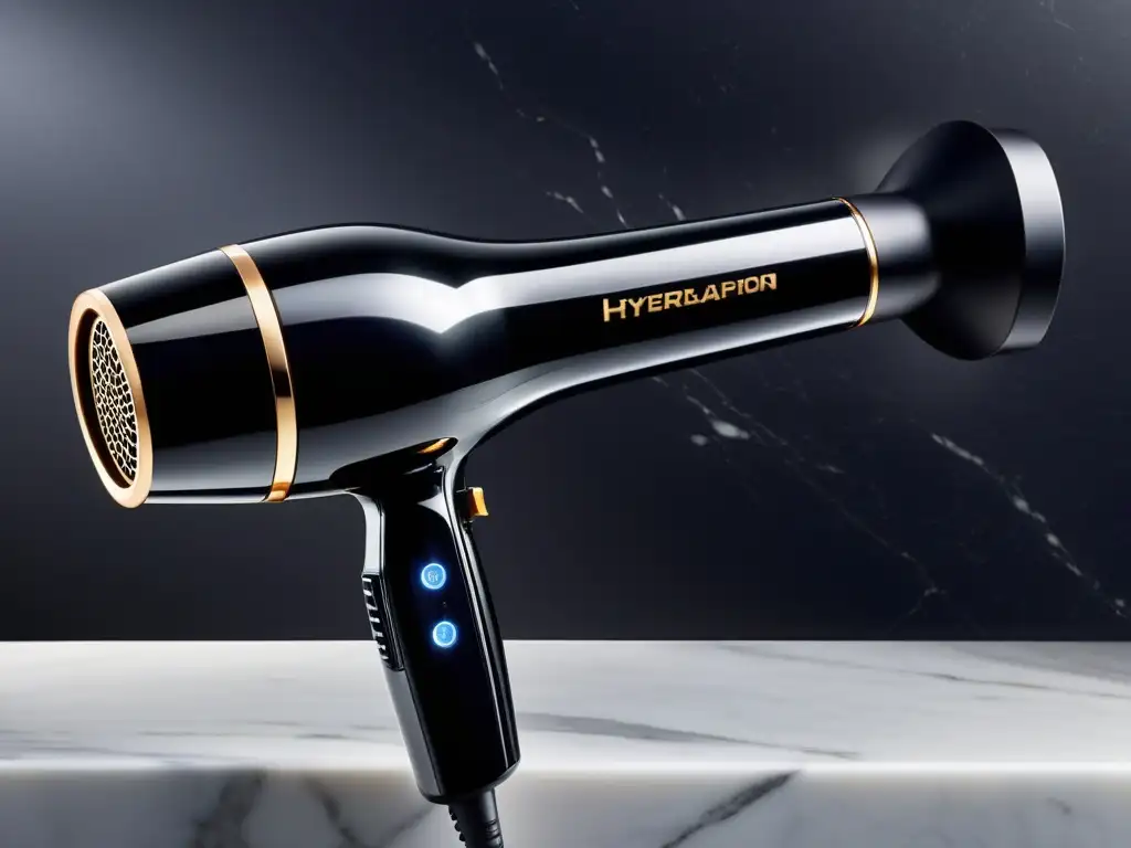 Secador de pelo moderno en negro brillante sobre encimera de mármol Secador de pelo con tecnología iónica en escena de lujo y modernidad, rodeado de cabello suave y brillante en un elegante mostrador de mármol
