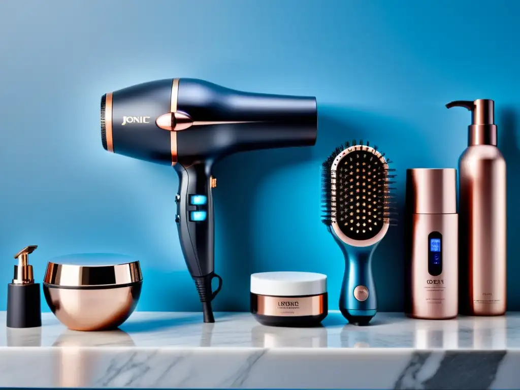 Secador de pelo moderno en negro mate y oro rosa Secador de pelo con tecnología iónica en elegante escena de cuidado capilar de lujo
