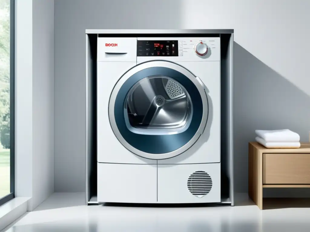 Un secador de ropa Bosch Serie 8 de diseño sofisticado y alta tecnología, con puerta parcialmente abierta y tambor de acero inoxidable