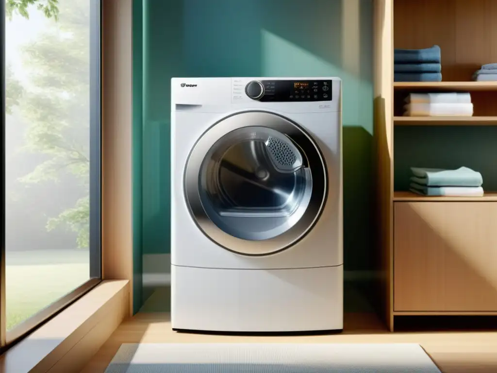 Secadora de ropa moderna y eficiente con puerta transparente en un elegante cuarto de lavado Secadora de ropa moderna y eficiente con tecnología innovadora en un elegante y minimalista cuarto de lavado con luz natural brillante