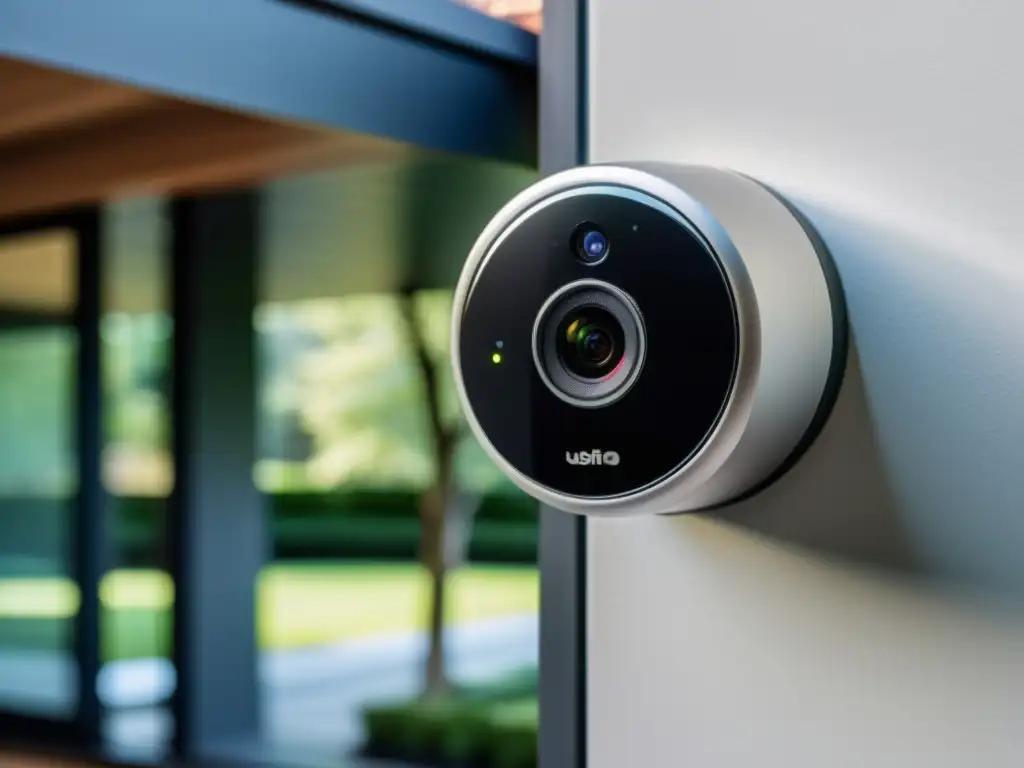 Cámara de seguridad para hogar: diseño moderno y alta tecnología Cámara de seguridad moderna y elegante con reconocimiento facial, protegiendo un hogar contemporáneo