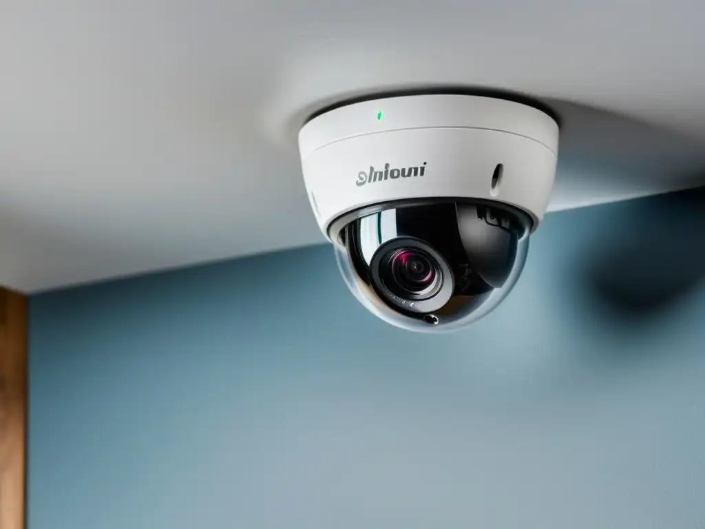 Cámara de seguridad moderna capturando la sala iluminada con claridad