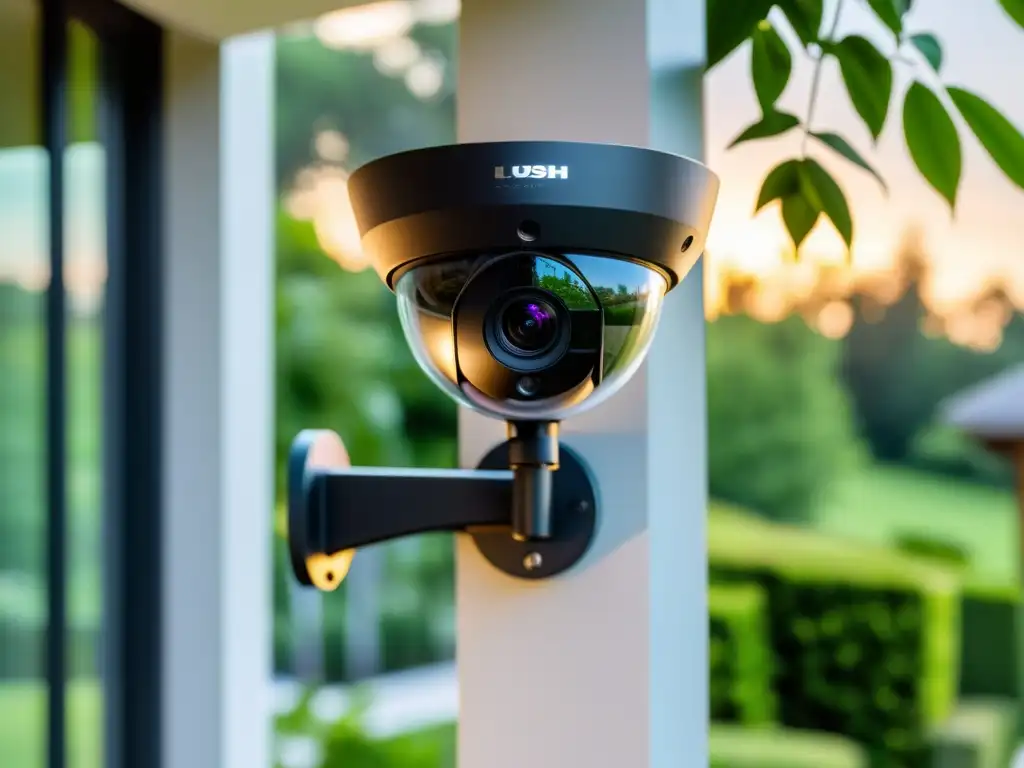 Cámara de seguridad moderna para el hogar Cámara de seguridad con reconocimiento facial en hogar moderno al atardecer