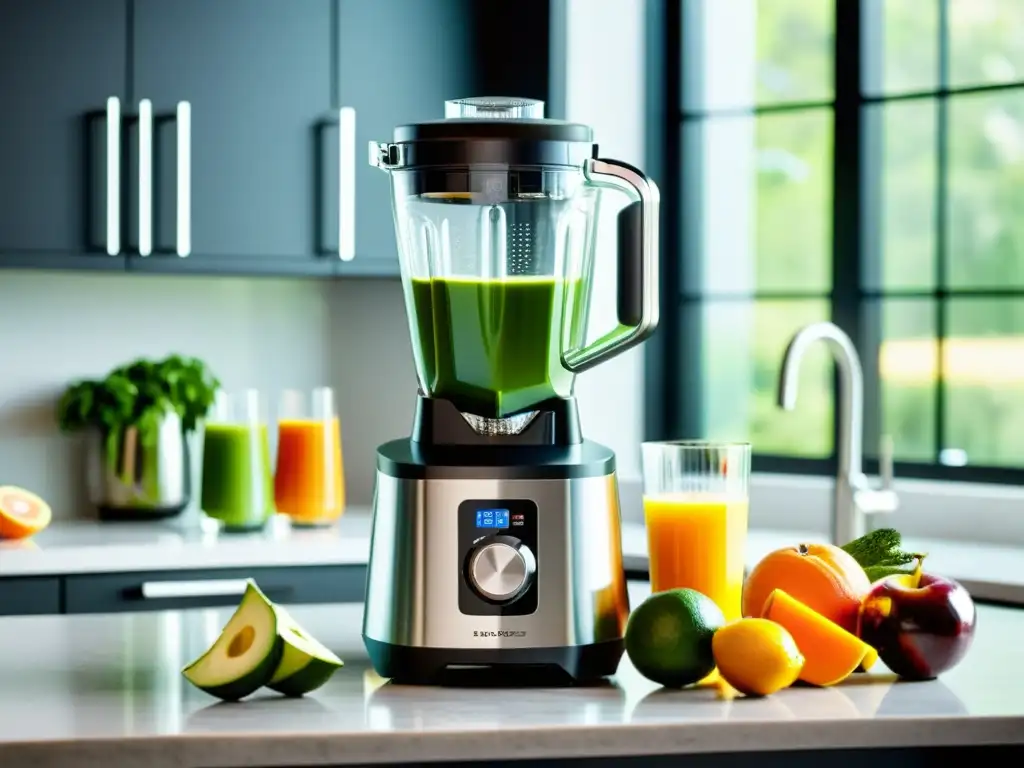 Batidora y exprimidor modernos en cocina elegante Un set de batidora y licuadora moderno y elegante en una cocina impecable, lista para crear deliciosas y saludables mezclas de frutas y verduras