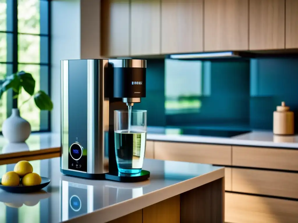 Purificador de agua de diseño moderno en cocina elegante Sistema de purificación de agua de diseño moderno en elegante cocina, con iluminación ambiental suave y tecnología avanzada