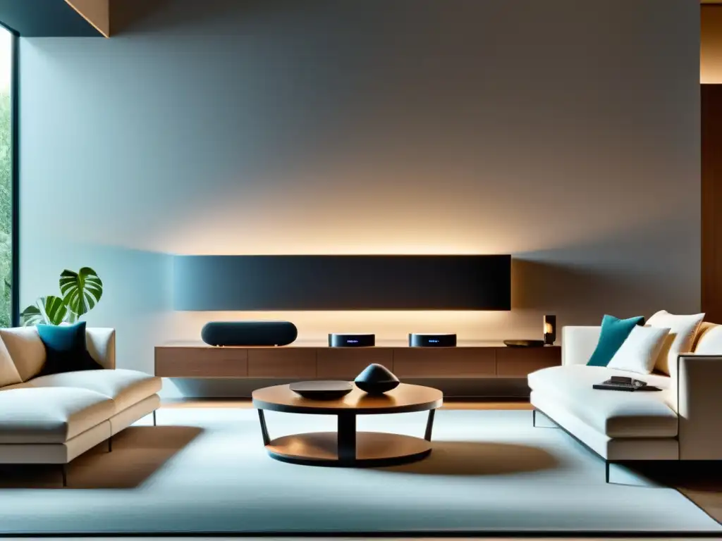 Sistema de audio multiroom: moderno y sofisticado Sistema de audio multiroom sincronizado con altavoces inalámbricos en un elegante salón contemporáneo, emitiendo luz ambiental y música