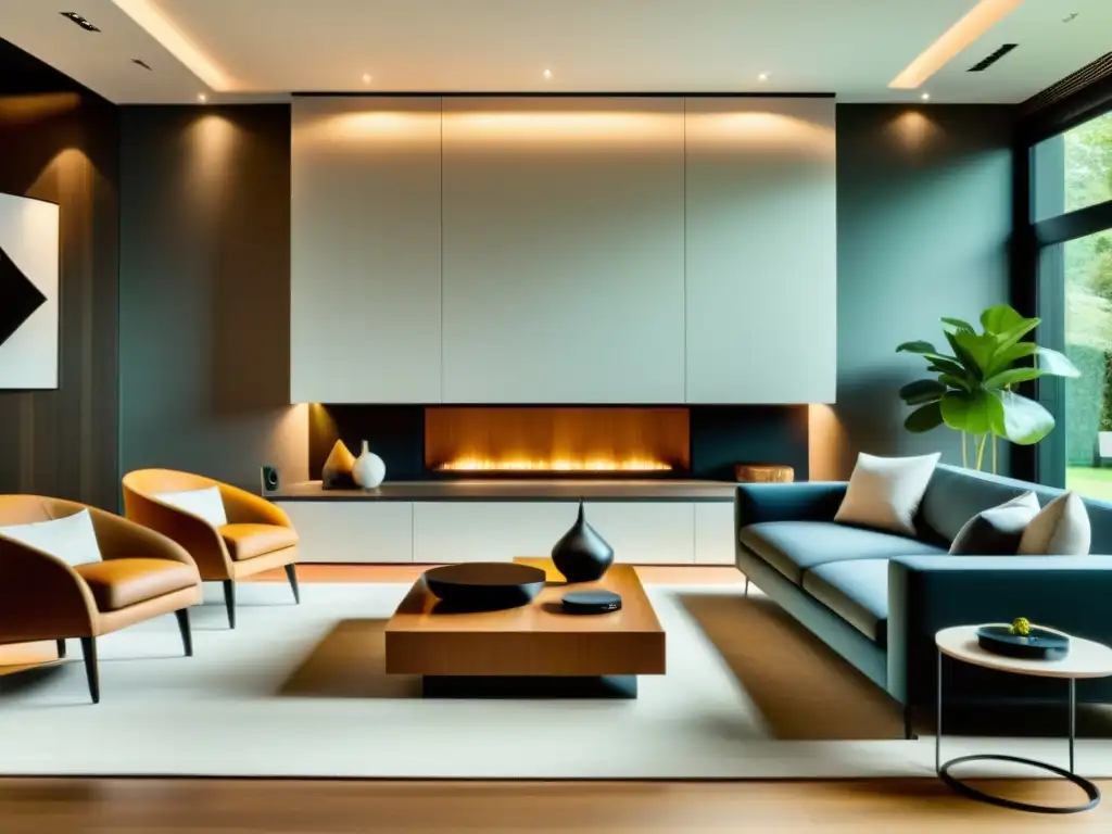 Sistema de audio multiroom integrado en un salón moderno Sistema de audio multiroom sincronizado integrado en un elegante salón moderno, con altavoces estilosos en cada rincón