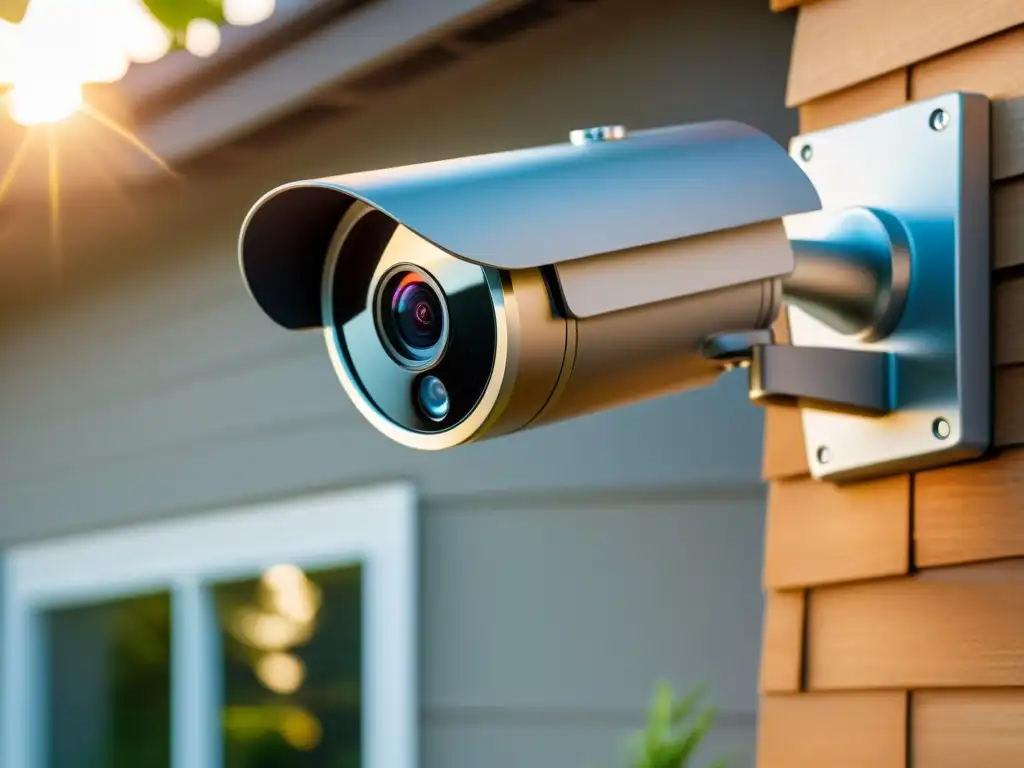 Sistema de Cámaras de Seguridad para Hogar de Lujo Un sistema de cámaras de seguridad para el hogar con estrategias de disuasión, cámaras ocultas y visibles, en una lujosa casa suburbana al atardecer