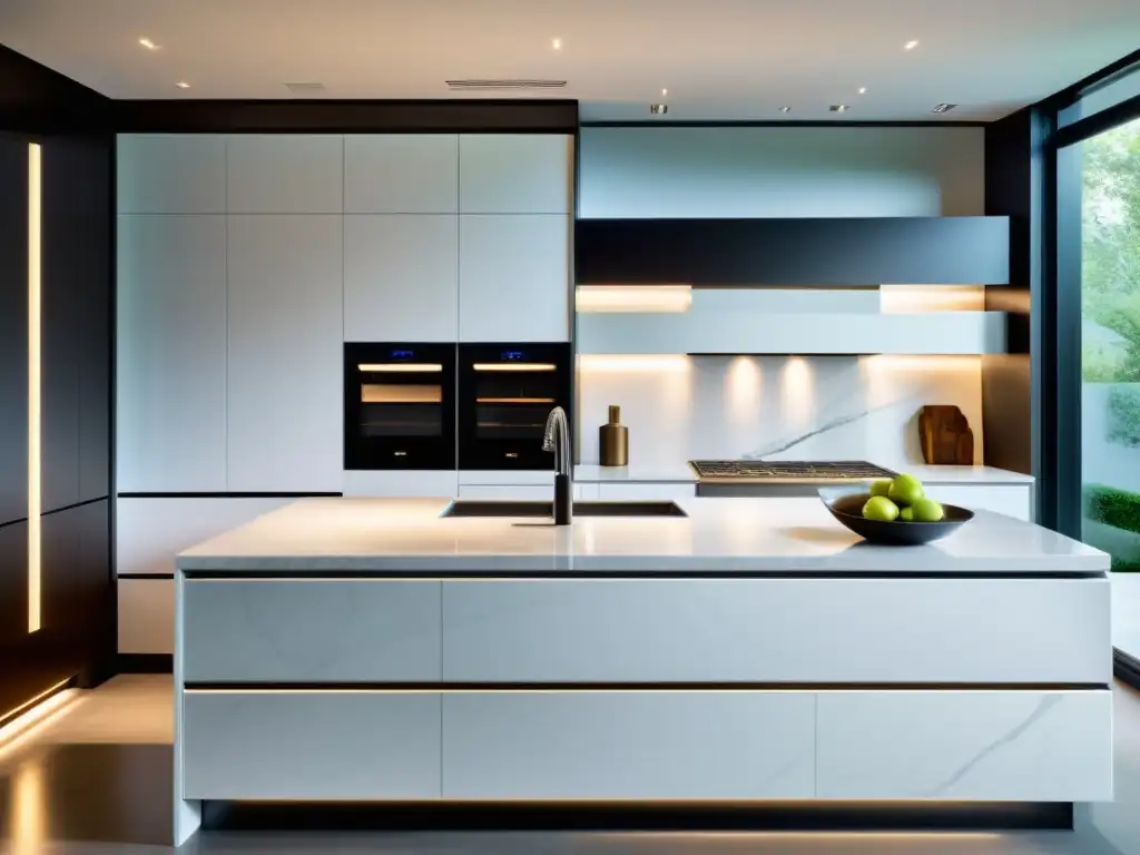 Cocina integrada de lujo con mármol blanco y tecnología punta Un sistema de cocina integrado exclusivo con diseño minimalista y elegancia tecnológica