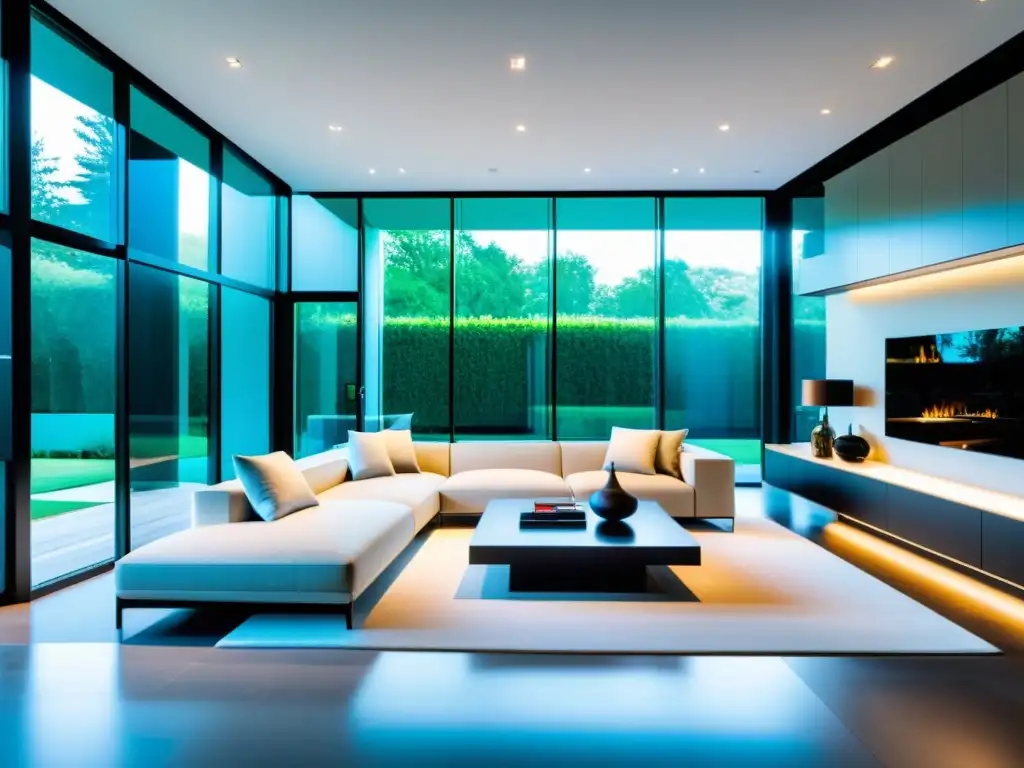 Casa inteligente de diseño moderno con tecnología domótica integrada Sistema domótico de lujo integrado en elegante hogar contemporáneo con iluminación automatizada, control climático y seguridad