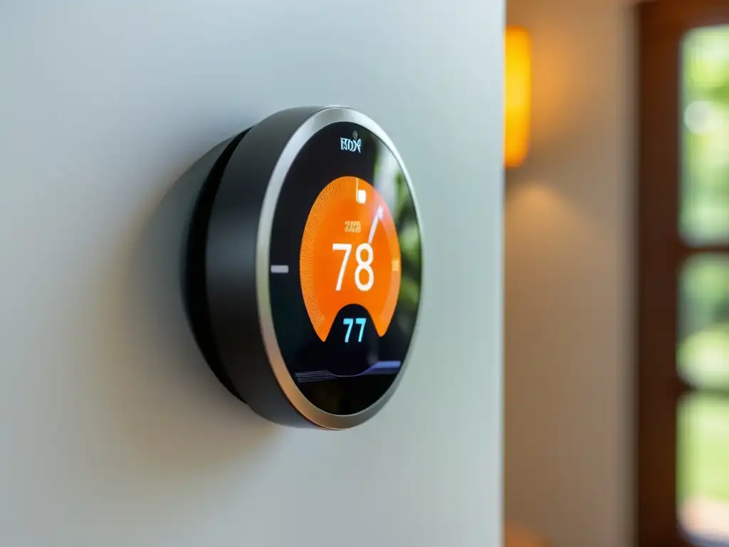 Termostato inteligente: tecnología sofisticada en hogar moderno Sistema de calefacción eficiente para hogar: termostato moderno en pared blanca, con interfaz digital y decoración minimalista a su alrededor
