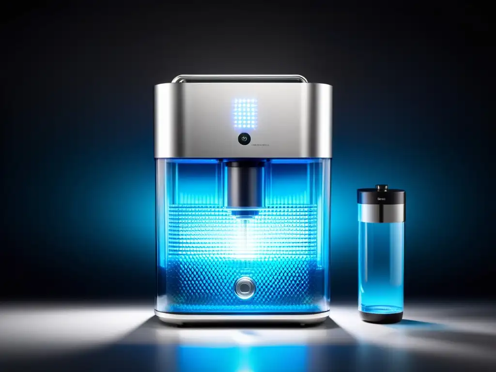 Dispositivo de filtración de agua ultramoderno en 8k Un sistema de filtración de agua inteligente, con diseño minimalista y tecnología de vanguardia, iluminado con LED