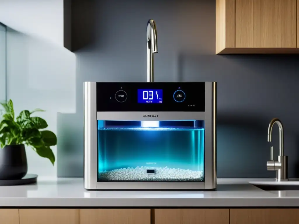 Purificador de agua bajo el fregadero: diseño moderno y tecnológico Un sistema de filtrado de agua bajo el fregadero con diseño moderno y elegante, mostrando sus componentes de purificación