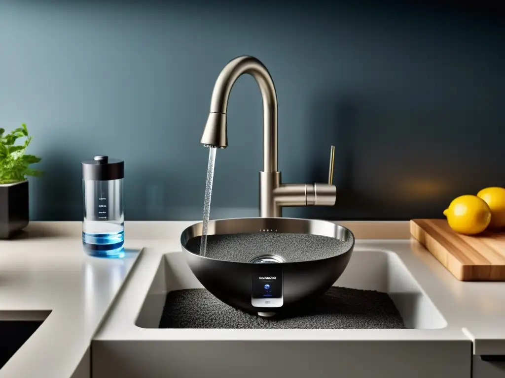 Filtro de agua integrado: agua cristalina en una cocina moderna Sistema de filtrado de agua integrado en moderno fregadero de cocina, con grifo de acero inoxidable y filtro de agua transparente