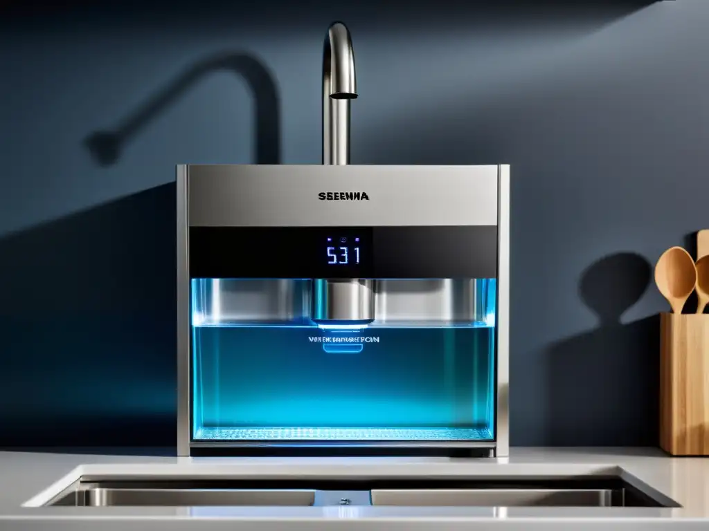 Filtro de Agua Integrado: Tecnología Avanzada para Cocinas Modernas Sistema de filtrado de agua integrado de diseño futurista bajo fregadero de cocina, captura y elimina impurezas en un entorno moderno