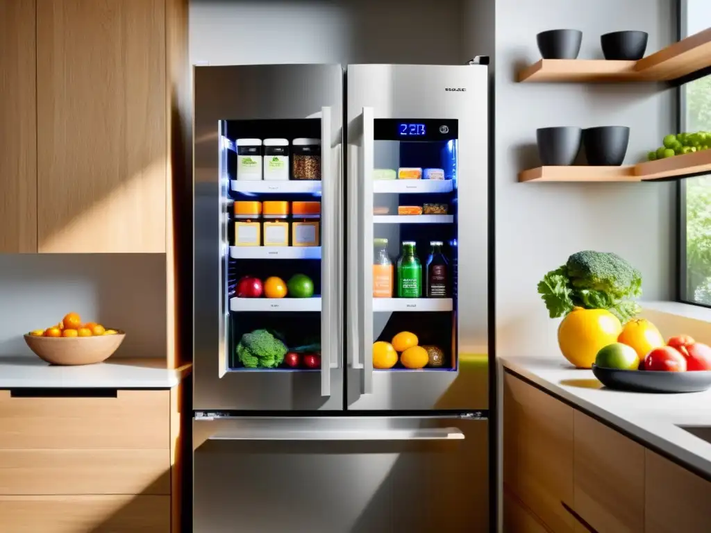 Sistema de organización de cocina inteligente y minimalista con despensa y refrigerador modernos Sistema de organización inteligente para electrodomésticos con diseño minimalista y LED suave iluminando alimentos frescos y despensa ordenada