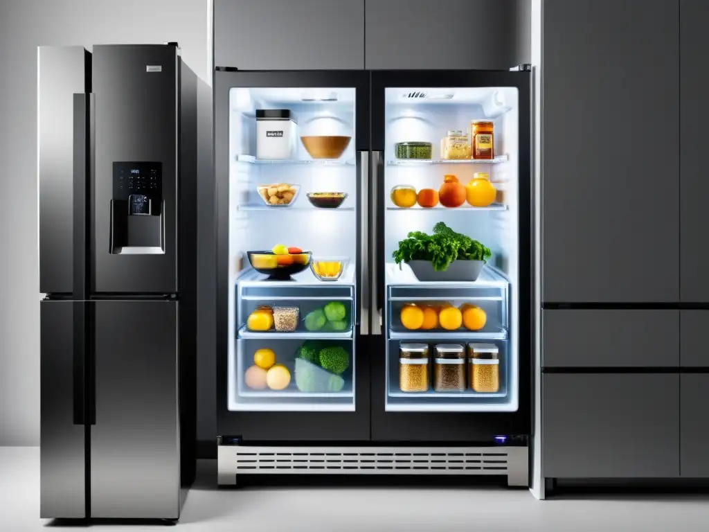 Sistema de organización de despensa y refrigerador moderno y funcional Sistema de organización inteligente para electrodomésticos con diseño contemporáneo y eficiente, resaltando su funcionalidad y estética minimalista
