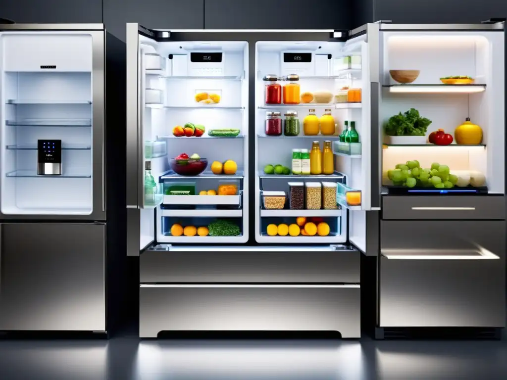 Refrigerador inteligente: Organización eficiente y moderna Sistema de organización inteligente para electrodomésticos en un refrigerador moderno y elegante, con iluminación suave y diseño eficiente