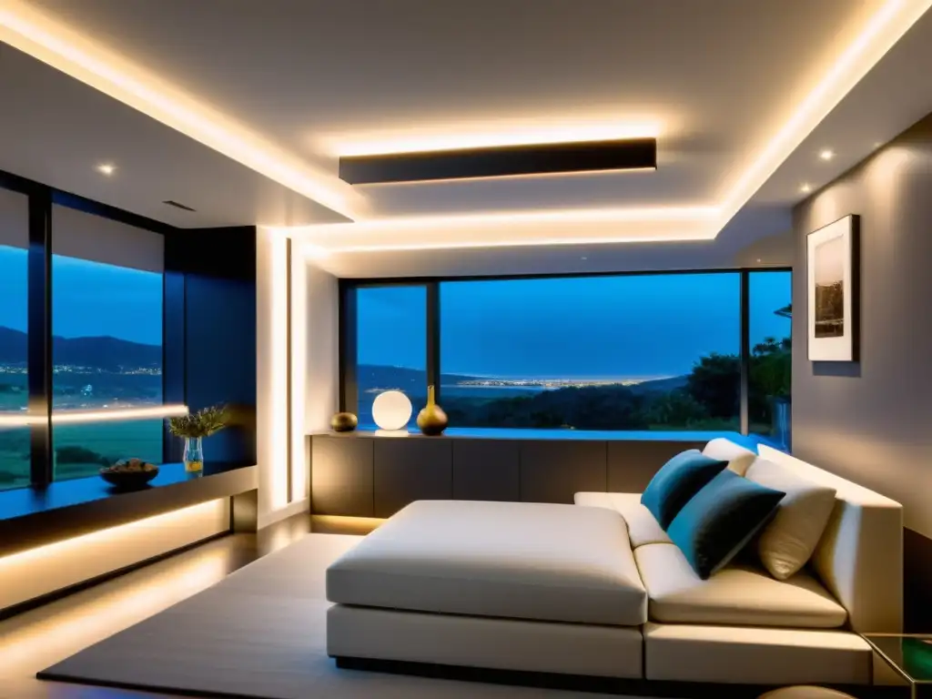 Iluminación inteligente: Ambiente cálido y moderno con LED integrados Un sistema de iluminación inteligente para el hogar, con tiras de LED que proporcionan un ambiente cálido y acogedor a la habitación