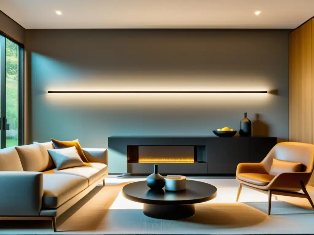 Sistema de iluminación inteligente: elegancia y comodidad en casa Un sistema de iluminación inteligente de vanguardia para hogar, con luces LED, control por voz y app móvil, en un elegante salón contemporáneo