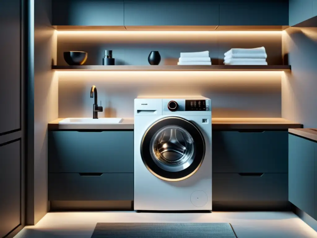 Laundry Room Futurista con Lavadora Inteligente 8K Un sistema de lavado inteligente de alta tecnología en un elegante y minimalista cuarto de lavado