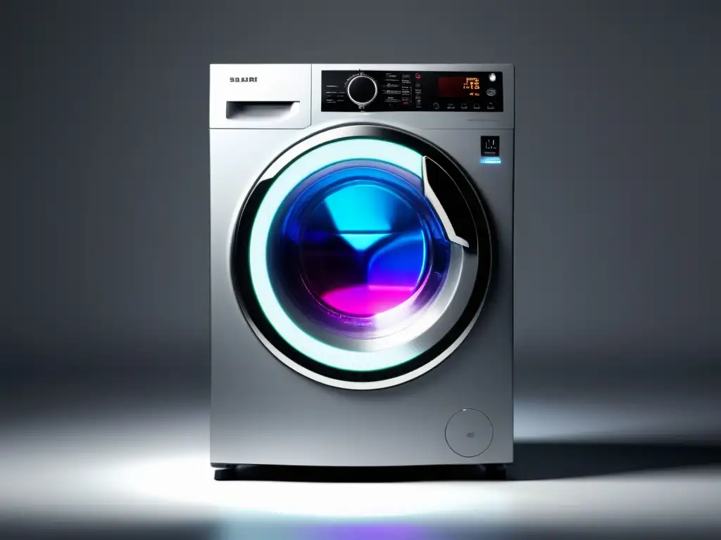 Lavadora de diseño futurista con luces LED y panel digital Sistema de lavado inteligente con diseño minimalista y luces LED coloridas, rodeado de electrodomésticos plateados futuristas
