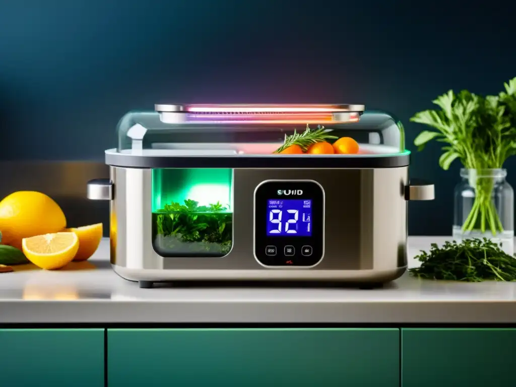 Sous Vide de Acero Inoxidable en Cocina Moderna Sistema de cocción sousvide con máquina de acero inoxidable, bolsas de ingredientes y hierbas frescas en una cocina moderna y minimalista