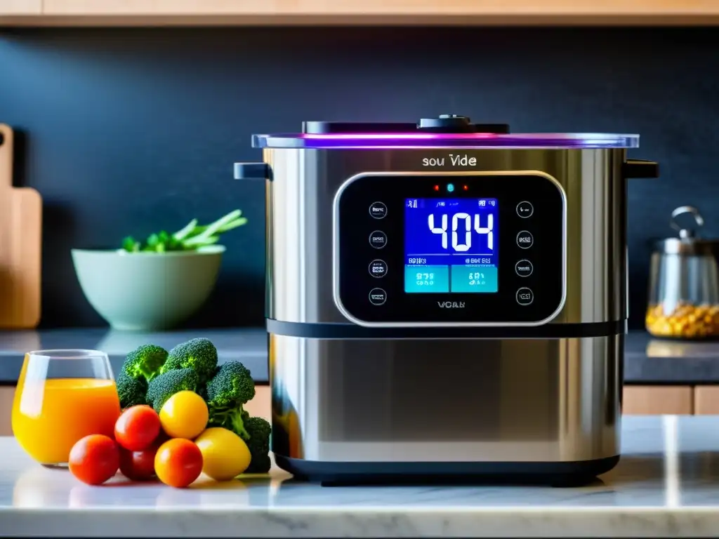 Sous Vide: Precisión y Elegancia en la Cocina Sistema de cocción sousvide con máquina moderna y bolsas de ingredientes en una cocina elegante y luminosa, evocando maestría culinaria