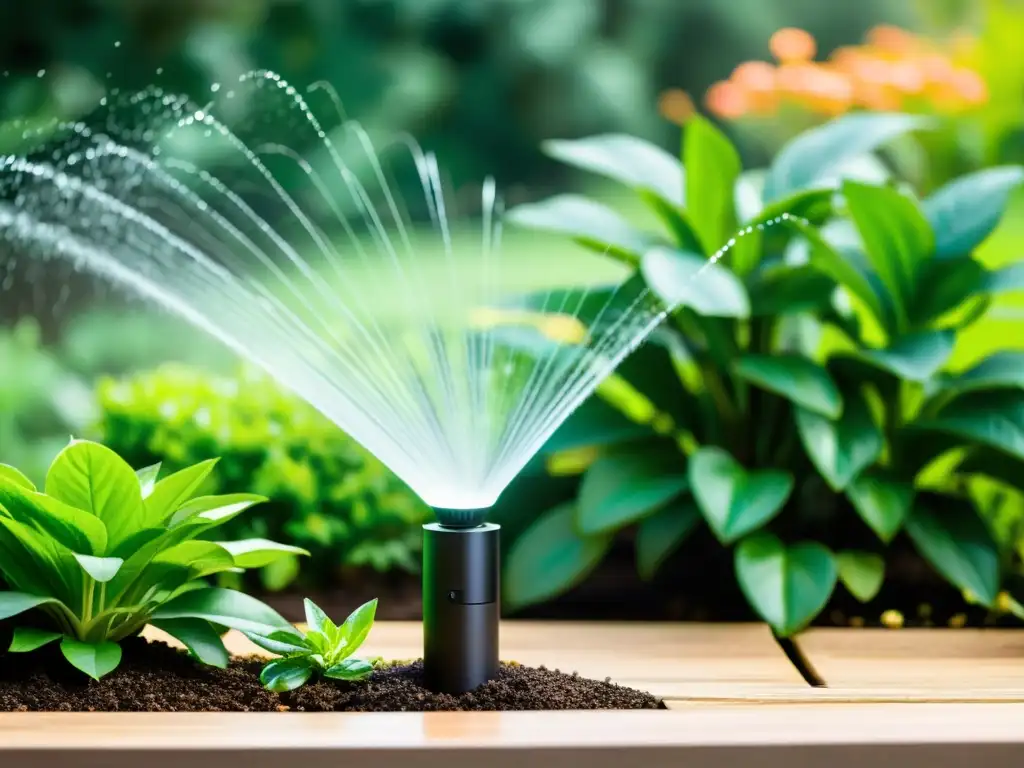 Sistema de riego inteligente en jardín exuberante Un sistema de riego inteligente en un exuberante jardín, con tecnología avanzada
