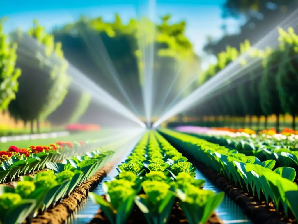 Sistema de riego moderno en acción con tecnología avanzada Un sistema de riego inteligente en acción, con tecnología avanzada y plantas exuberantes
