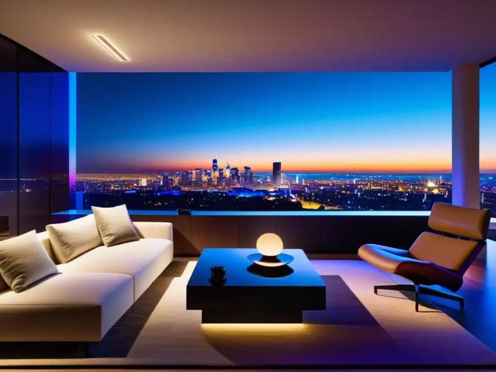 Sala de estar ultramoderna con iluminación inteligente Philips Hue Sistema iluminación inteligente Philips Hue en sala de estar moderna con vista panorámica nocturna de la ciudad y mobiliario minimalista elegante