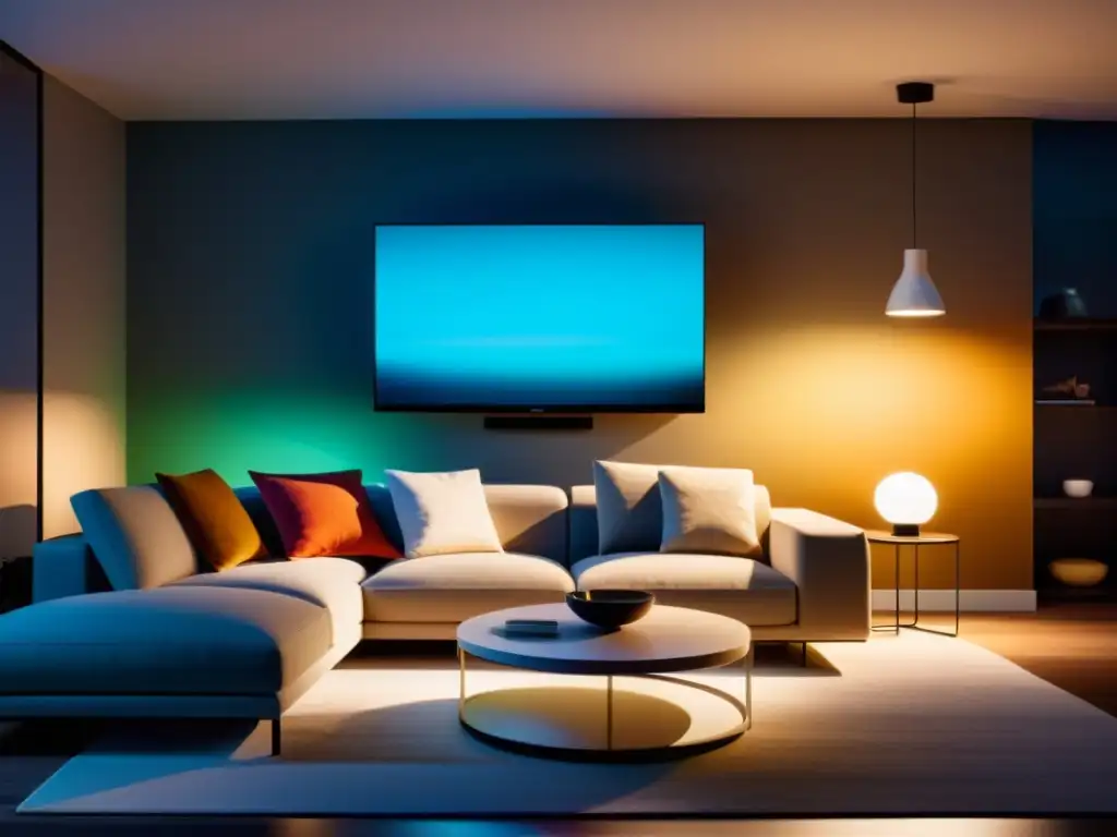 Salón moderno con iluminación inteligente Philips Hue Sistema iluminación inteligente Philips Hue en salón moderno con ambiente cálido y acogedor, muebles contemporáneos y diseño minimalista