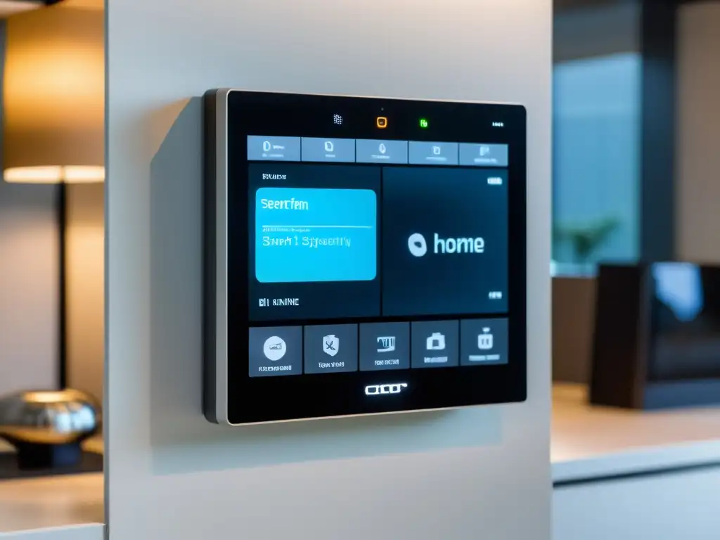 Sistema de seguridad inteligente para el hogar: diseño futurista y confort Sistema de seguridad para hogar innovador con panel de control central, sensores de movimiento y cámaras de vigilancia integradas