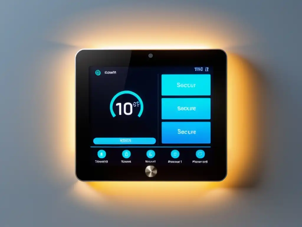 Seguridad doméstica inteligente: panel táctil futurista y biometría Un sistema de seguridad para hogar inteligente con panel de control futurista y claves seguras, en un ambiente minimalista y moderno