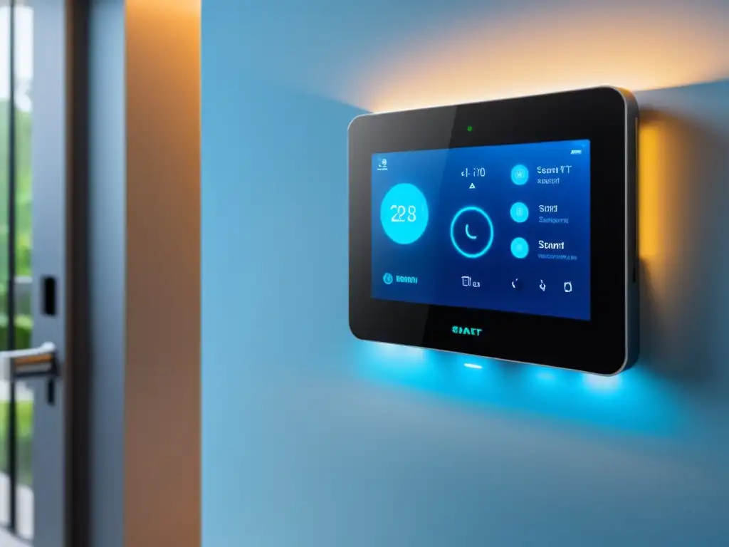 Sistema de seguridad para hogar inteligente con teclado digital y escáner biométrico Un sistema de seguridad para hogar inteligente moderno y elegante, con clave digital y escáner biométrico