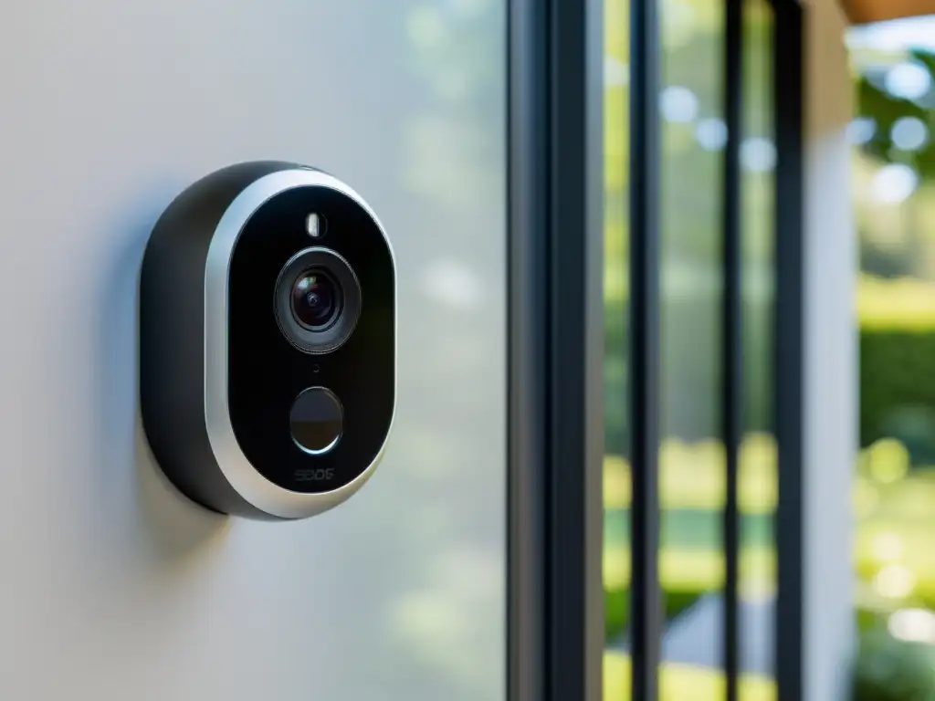 Un sistema de cámara de seguridad para el hogar con tecnología de inteligencia artificial, integrado perfectamente en una casa moderna y elegante