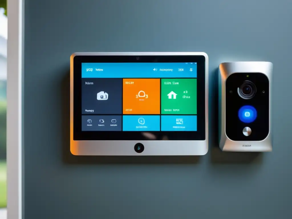 Un sistema de seguridad inteligente para hogar con panel de control central y cámaras de alta tecnología, integrado con una app móvil