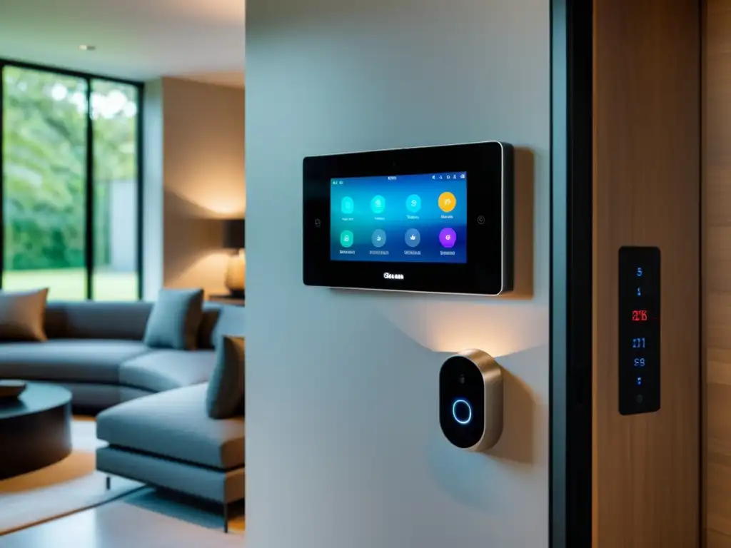 Un sistema de seguridad inteligente moderno y elegante protegiendo un hogar, con dispositivos integrados en un ambiente acogedor y seguro