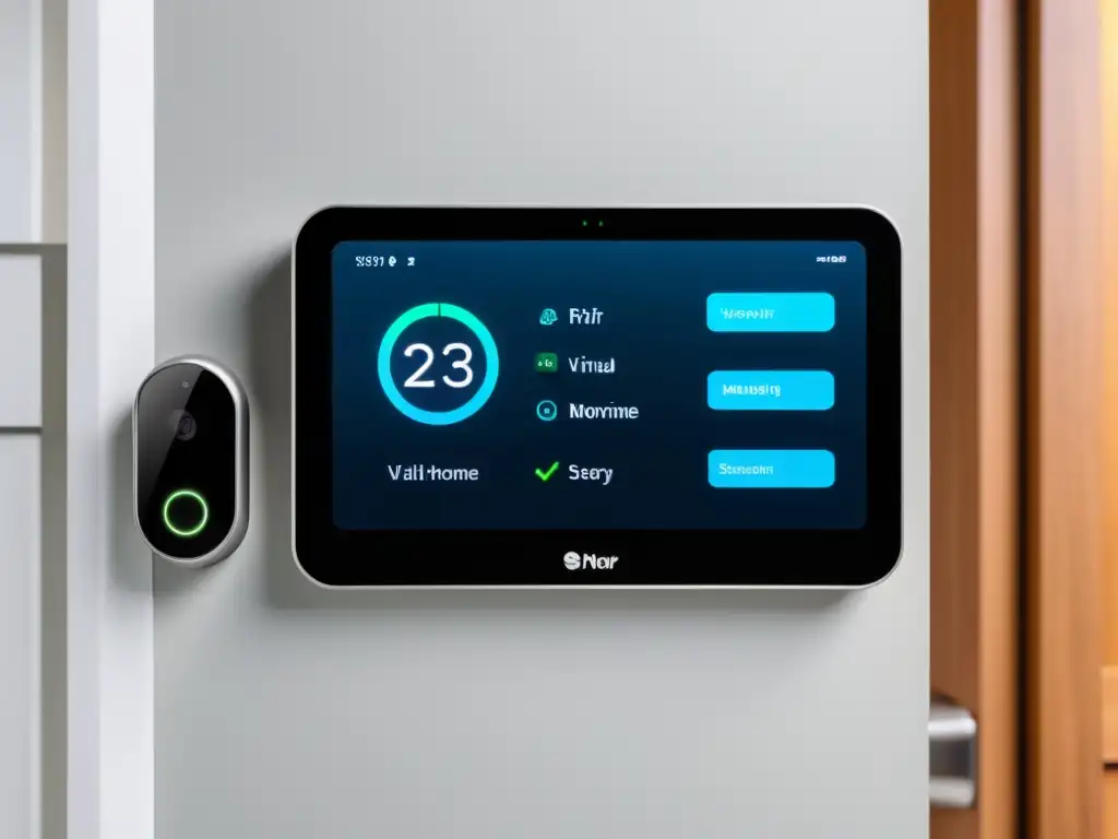 Un sistema de seguridad hogareña moderno con asistentes virtuales para seguridad hogar, ofreciendo un elegante panel de control y ambiente futurista